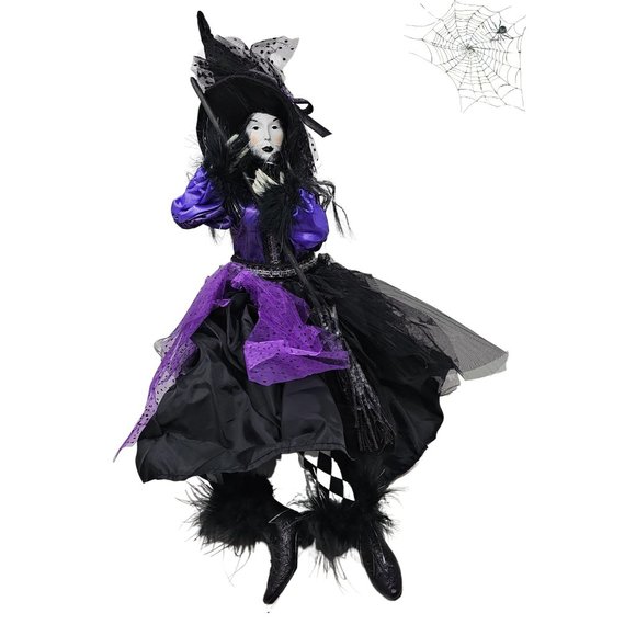 Halloween Witch 24" Black and Purple with Black Broom Party Decor Wreath Center - Picture 1 of 6